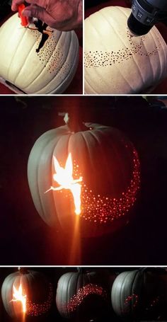 the pumpkin has been carved with fire and is being used as a light source for this project