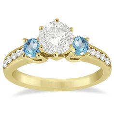 Three-Stone Blue Topaz & Diamond Engagement Ring 18k Y. Gold (0.45ct) - Allurez.com Channel Set Diamond Ring, Colored Stone Engagement Rings, 3 Stone Diamond Ring, Yellow Diamond Engagement Ring, Diamond Sapphire Engagement Ring, Blue Topaz Engagement Ring, Three Stone Diamond Ring, Yellow Diamond Rings, 3 Stone Engagement Rings