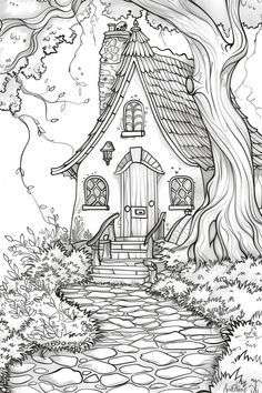 a drawing of a house in the woods with stairs leading up to it and trees around