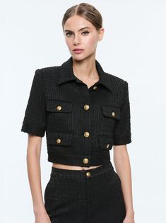 ELLE SHORT SLEEVE PATCH POCKET JACKET - BLACK Collar Details, Stacey Bendet, Strong Shoulders, Textured Jacket, Alice And Olivia, Pocket Jacket, Clothing Essentials, Romper Dress, Elbow Length Sleeve