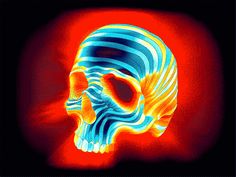 a digital painting of a skull with blue and orange stripes