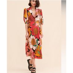 New With Tags / Retail: $235 Bright Multicolored Sunflowers Print Midi Length A-D-O-R-A-B-L-E Flower Button Details Side Zipper Soft Flowy Fabric Looks & Feels Like Silk 100% Viscose (Shell & Lining) V Neck With Notched Lapel Open Back Detailing 3/4 Sleeves Invisible Zipper At Side Seam So Pretty And Perfect Colors For Fall / Autumn !!! # Sunflower Flowers Floral Flower Power Marimekko Boden Loveshackfancy Farm Rio Mara Hoffman Corey Lynn Calter Anthropologie Anthro Betsey Johnson Retro Vintage Pink Floral Print Midi Dress For Spring, Vibrant Floral Print Dress For Garden Party, Vibrant Floral Dress For Garden Party, Spring Pink Maxi Dress With Vibrant Print, Pink Printed Summer Midi Dress, Pink Floral Print Midi Dress For Garden Party, Vibrant Tropical Print Short Sleeve Dress, Pink Tropical Print Midi Dress For Summer, Chic Multicolor Tropical Print Midi Dress