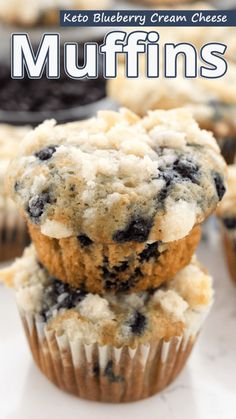 blueberry cream cheese muffins stacked on top of each other