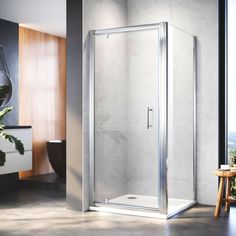 a bathroom with a walk in shower next to a window and a potted plant