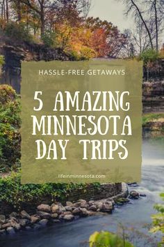 a river with the words 5 amazing minnesota day trips on it and trees in the background