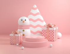 a snowman and gift boxes on a pink background with white polka dot wrapping around it