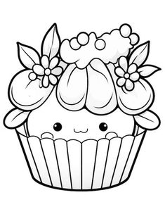 a cupcake with flowers and leaves on it's head, coloring pages for kids