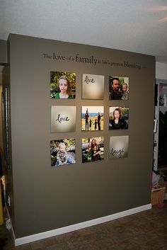 a wall with family pictures on it and the words love is in front of them