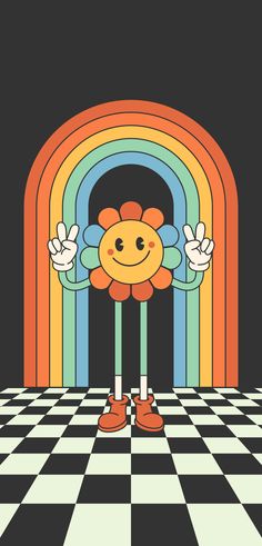 a cartoon character standing in front of a rainbow arch with his arms out and hands up