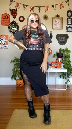 goosebumps tee from cotton on, harness from amazon, black midi slit skirt from shein, boots doc martens. just add fishnets Shirt Under Dress Outfit Fall, Chunky Boots Outfit Grunge, Dress With Beanie, Fall Doc Martens Outfits Plus Size, Summer Doc Martin Outfits, Slitted Skirt Outfit, Womens Outfits With Doc Martens, Long Black Skirt Grunge Outfit, Dark Plus Size Fashion