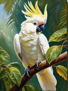 a painting of a white cockatoo perched on a tree branch with leaves in the background