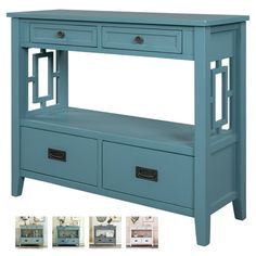 a blue console table with drawers underneath it