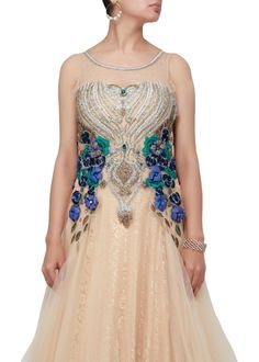 Cream color beautiful Indo-western gown Golden Gown Western, Bollywood Style Cream Gown With Intricate Embroidery, Luxury Unstitched Cutdana Gown, Semi-stitched Cream Gown With Intricate Embroidery, Semi-stitched Embroidered Cream Gown, Western Gown, Indo Western Gown, Net Fabric, Punjabi Suits