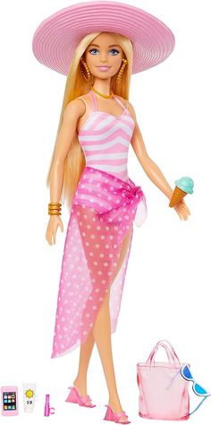 a barbie doll wearing a pink dress and hat