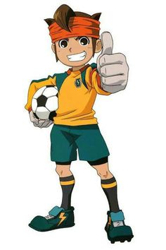 a cartoon boy with an orange headband holding a soccer ball and giving the thumbs up