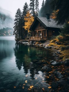 a cabin sits on the shore of a lake surrounded by pine trees and rocks in autumn