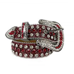 Red Strap With Red & Sparkling Diamond White Studded Rhinestone Belt Country Belts, Belt Store, Y2k Rhinestone, Y2k Belt, 90s Y2k Fashion, Bling Belts, Cowgirl Look, Ikat Pinggang, Y2k Accessories