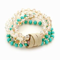 IVY +Joe Mini gold tone beads + Mixed of Turquoise, cream, clear, Beige beaded Suede tie, six rows Stretchable, one size fits all, better fit on a small wrist. Arm Party Bracelets, Bracelet Packaging, Bracelet Knots, Chunky Bracelets, Arm Party, Turquoise Glass, Layered Bracelets, Pink Turquoise, Statement Bracelet