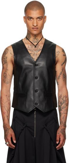 Nappa lambskin vest. · V-neck · Button closure · Welt pockets · Full cupro satin lining Supplier color: Black Luxury Black Vest For Fall, Classic Fitted Leather Vest, Fitted Leather Vest For Streetwear, Classic Leather Vest With Button Closure, Black Leather Sleeveless Vest, Leather Vest With Button Closure, Leather Sleeveless Vest With Button Closure, Men’s Leather Vest, Sleeveless Leather Vest With Button Closure