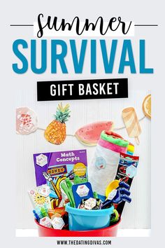 the ultimate summer survival gift basket with text overlay that reads,'get your summer survival