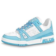 LOUIS VUITTON LV Trainer 'White Sky Blue' 1AA6X0 Louis Vuitton Trainer, Louis Vuitton Trainers, Louis Vuitton Sneakers, Luxury Textiles, Lv Shoes, White Sky, Monogram Pattern, Lv Monogram, Basketball Sneakers