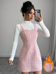 Women's Pink Plaid Simple Casual Dress Pink Casual  Sleeveless Woven Fabric Plaid Pinafore Non-Stretch  Women Clothing, size features are:Bust: ,Length: ,Sleeve Length: Tweed Overall Dress, Short Women Outfits, Realistic Fashion, Pink A Line Dress, 70s Fashion Dresses, Mini Robes, Tweed Dress, Pinafore Dress, Vestido Casual