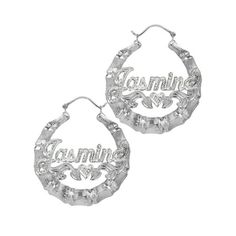 These brilliant nameplate hoop earrings feature a lovely bamboo textured hoop and beaded rhodium finish. Size: small.  Color: Silver.  Gender: female.  Age Group: adult. Personalized Silver Metal Hoop Earrings, Elegant Personalized Silver Hoop Earrings, Silver Hoop Earrings With Name Detail, Custom Name Silver Hoop Earrings For Anniversary, Silver Small Hoop Earrings With Custom Name, Personalized Sterling Silver Hoop Earrings, Diy Jewelry Earrings, Name Earrings, Family Jewellery