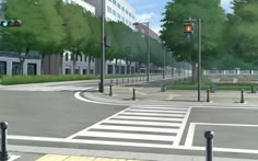 an animated city street scene with traffic lights and trees in the foreground, on a sunny day