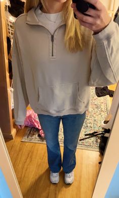 New Balance 574 Outfit, Quarter Zip Outfit, White Mock Neck, School Fits, Spring 2023, Fit Check, Wide Leg Jeans