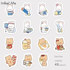 various stickers with teddy bears and other things on them, all in different colors