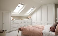 a bedroom with two skylights above the bed and dressers in front of it