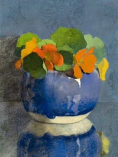 a painting of flowers in a blue vase