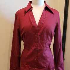 Nwt Woman's Fitted Button Up Vneck. Maroon Color. Red Button Up Shirt Women, Red Button Up Shirt Outfit Aesthetic, Fitted Burgundy Shirt For Fall, Red V-neck Shirt For Workwear, Fitted Burgundy Tops With Button Closure, Fitted Burgundy Top With Button Closure, Red Button-up Top For Business Casual, Red Collared Top For Business Casual, Fitted Burgundy Tops For Work