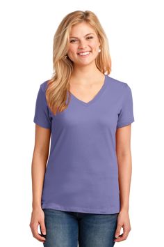 Port & Company Ladies Core Cotton V-Neck Tee LPC54VA v-neck gives our budget-friendly tee an up-to-date style. | 5.4-ounce, 100% cotton 50/50 cotton/poly (Neons, Dark Heather Grey) 90/10 cotton/poly (Athletic Heather) 98/2 cotton/poly (Ash) Side seamed with a contoured body for a feminine fit; Due to the nature of 50/50 cotton/polyester neon fabrics, special care must be taken throughout the printing process. Please note: This product is transitioning from heat transfer labels to tear-away label Sports Wedding, White Toner, Vinyl Transfer, Embroidered Clothes, Rhinestone Designs, V Neck Tee, 50 50, Custom Clothes, Budget Friendly