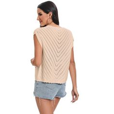 STYLISH & VERSATILE: Enhance your wardrobe with this stylish and adaptable women's short cap sleeve V-neck sweater vest, ideal for layering or wearing on its own. COMFY & AIRY: Made from top-quality knit fabric, this pullover tank top provides a comfy and airy fit for all-day wear, making it a crucial addition to your women's top collection. DELIGHTFUL DESIGN: The delightful openwork knit design and button closure add an elegant touch to this casual solid top, making it a must-have for any fashi Spring V-neck Stretch Sweater Vest, Beige Crew Neck Sweater Vest For Spring, Trendy Crew Neck Sweater Vest For Spring, Trendy Beige Crew Neck Sweater Vest, Beige Short Sleeve Sweater For Spring, Solid Color Stretch V-neck Sweater Vest, Trendy Beige V-neck Sweater Vest, Trendy Beige V-neck Knit Top, Beige Short Sleeve Sweater For Summer