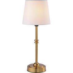 a lamp with a white shade on top of it and a gold metal frame around the base