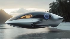 a futuristic car floating in the air over water