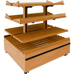 three wooden shelves stacked on top of each other with one shelf open and the other closed