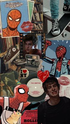 a collage of photos with spider - man and other things in the background, including skateboarders