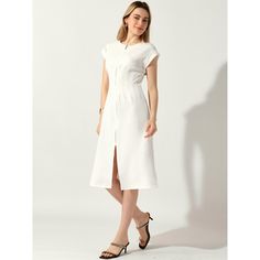 This lovely dress features a round neck, short sleeves, an unlined design, a zipper front, and a split front, and comes in a solid color. The zipper front's simplicity and short sleeves give it a charmingly casual and chic look. This solid dress is perfect for creating a carefree summer vibe in a midi length. With puff shoulders and a high waist, it's a stylish and casual option for this season. For a work-appropriate look, you can pair this dress with your favorite high heels. Midi Sundress, Linen Mini Dress, Mini Skater Dress, Midi Short Sleeve Dress, Mini Wrap Dress, White Midi Dress, Lovely Dresses, Solid Dress, Linen Women