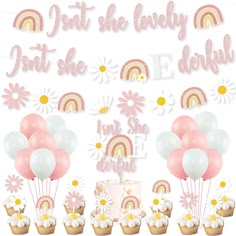 pink and white baby shower party supplies including balloons, cake, cupcakes and flowers