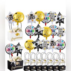 graduation party decorations with balloons and confetti in black, gold and white colors