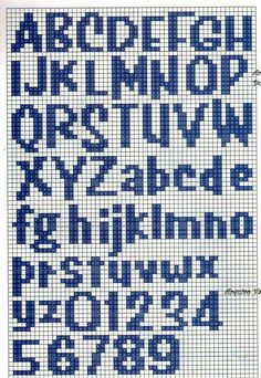 a cross stitch pattern with the letters and numbers in blue, white and black colors