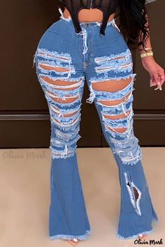 Olivia Mark - High-Quality Womens Ripped Denim Jeans in Solid Blue with High-Waist and Regular Fit Ripped Denim Jeans, Denim Street Style, Mid Waist Pants, Denim Jeans Ripped, Ripped Denim, Bottom Clothes, High Waisted Denim, Ripped Jeans, Blue Fashion