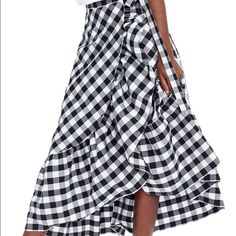 J. Crew Black And White Checked Ruffled Wrap Skirt .Nwt Chic Black Tiered Wrap Skirt, Black Tiered Wrap Skirt For Spring, Black Midi Skirt For Brunch, Chic Black Wrap Skirt For Spring, Summer Black Tiered Wrap Skirt, Black Tiered Wrap Skirt For Summer, Tall Skirt, Cotton Pencil Skirt, Midi Skirt With Pockets