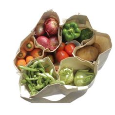 several bags filled with different types of fruits and veggies in them, including tomatoes, peppers, onions, broccoli, and green beans