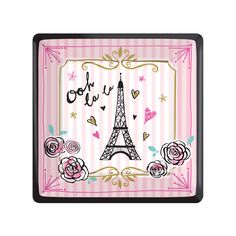 the eiffel tower in paris with roses and hearts on pink stripes is shown