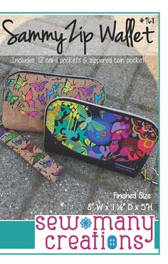 an advertisement for the sew many creations wallets with images of flowers and butterflies on them