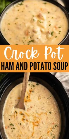 crock pot ham and potato soup in a black bowl with a wooden spoon on the side