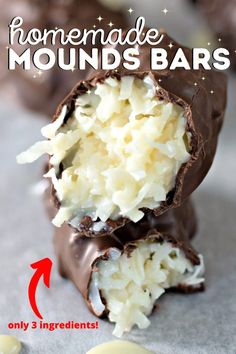 chocolate covered marshmallows with the words homemade mounds bars